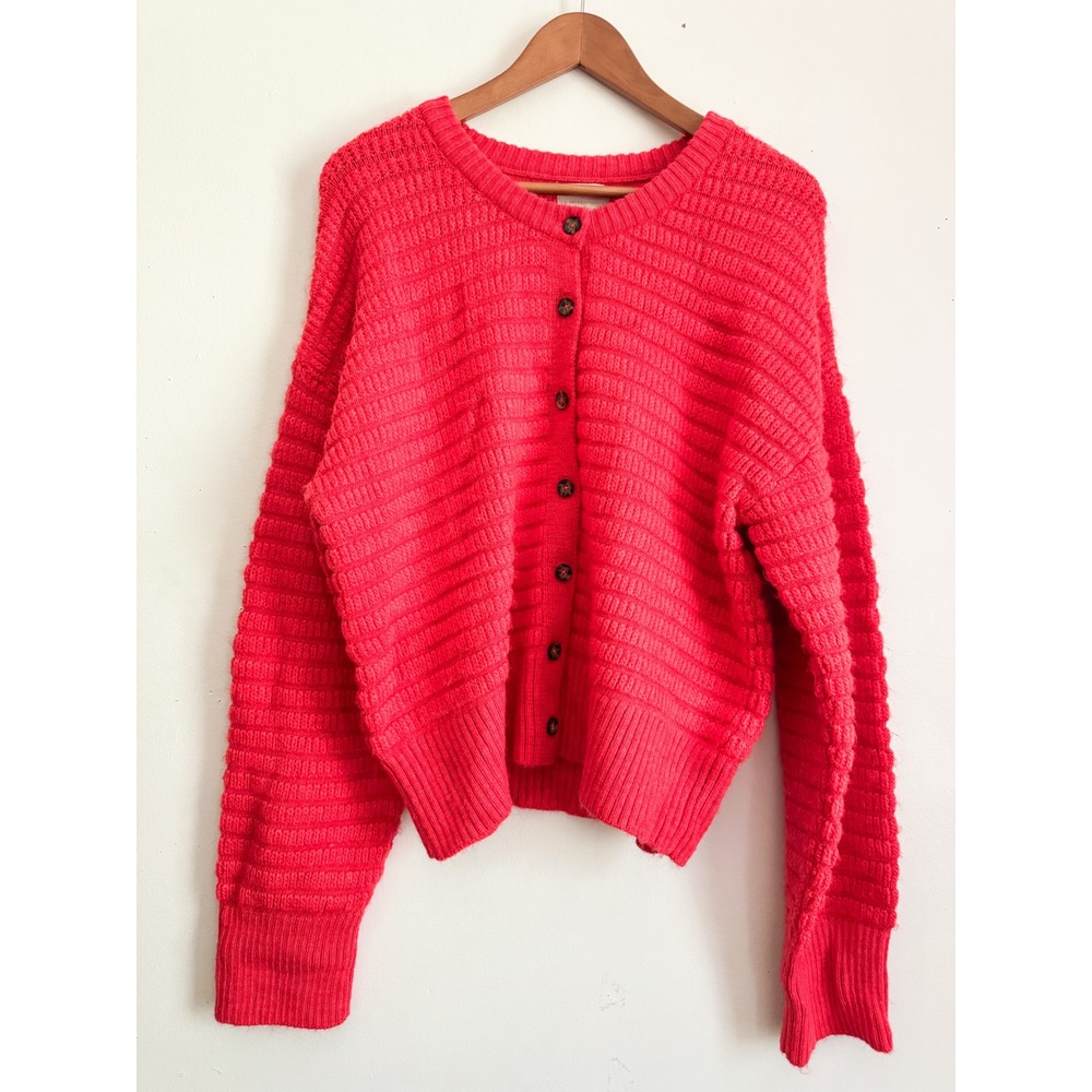 Maeve Anthropologie Red Orange Ribbed Knit Button Front Cardigan Sweater Large